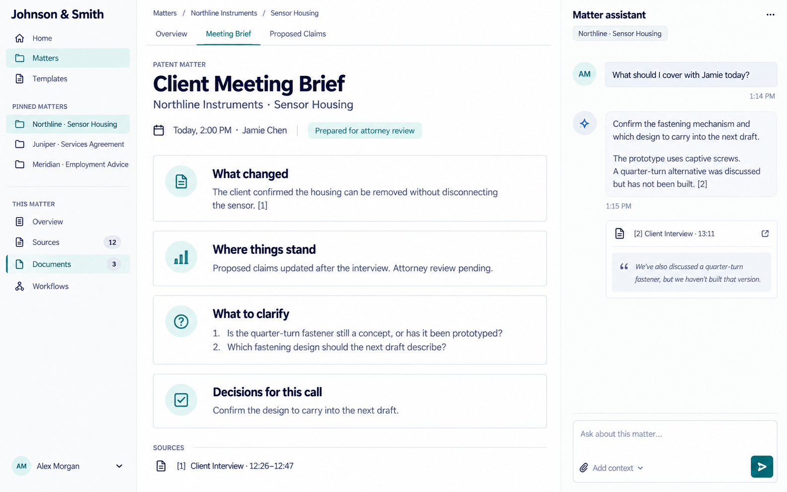 Client meeting brief showing what changed, where things stand, questions to clarify and decisions for the call, alongside a cited assistant response.