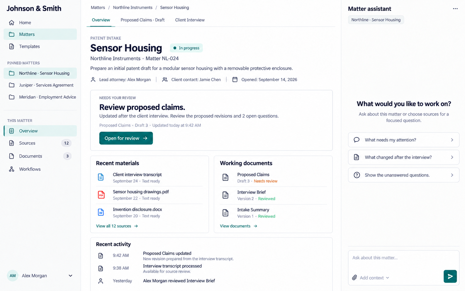 Matter overview showing client, description, recent materials, recent activity and the next action: Review proposed claims.