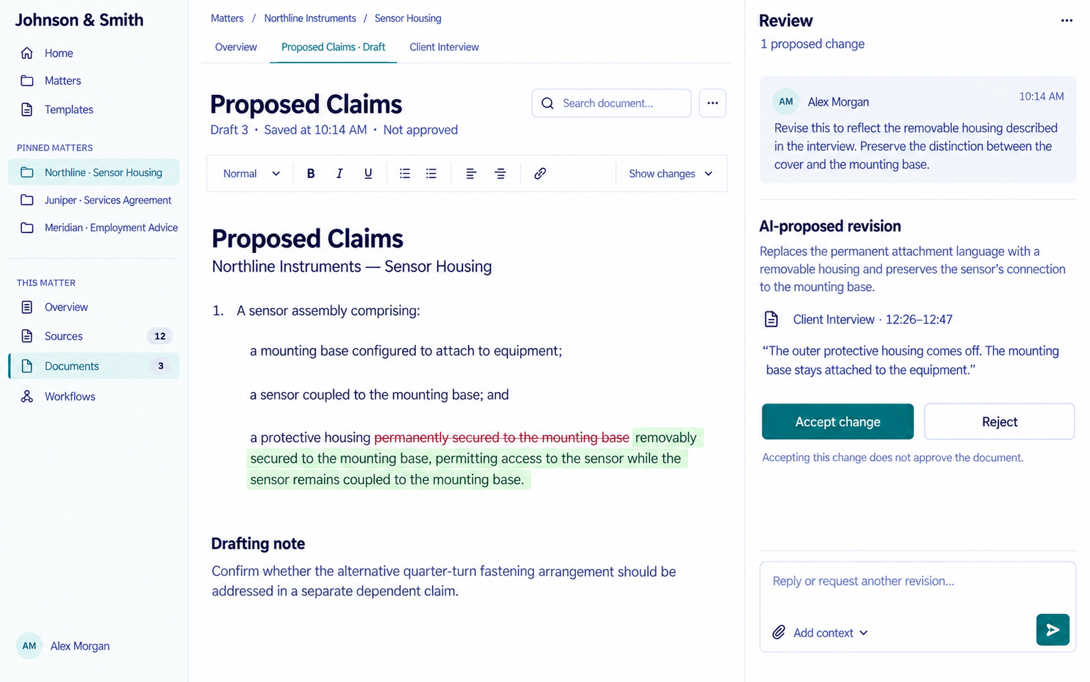 A draft with one proposed tracked change, an attorney comment, a linked source passage, and Accept change and Reject buttons.