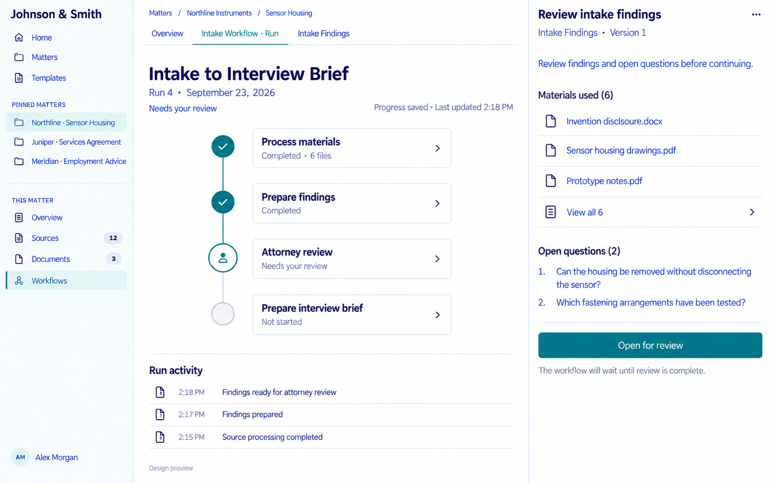 A workflow with two completed steps and an attorney review step awaiting review, listing unresolved questions.